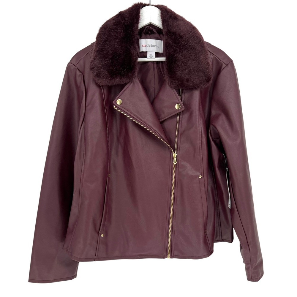 Liz Claiborne Moto Jacket Women XXL Burgundy Faux Leather Fur Collar Biker New